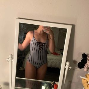 Navy blue & White Striped Lace Up Swimsuit
